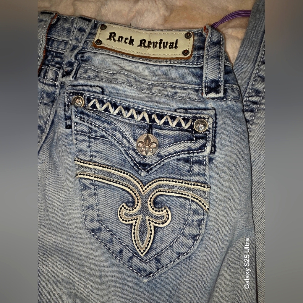 Rock Revival Blue Jeans with Decorative Stitching